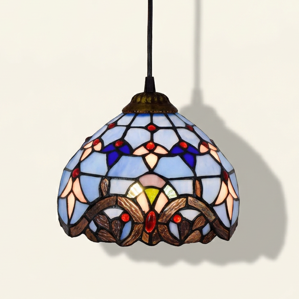 Beauclair, 8 Inch Tiffany-style stained glass pendant light, lit, on a plain ivory studio background