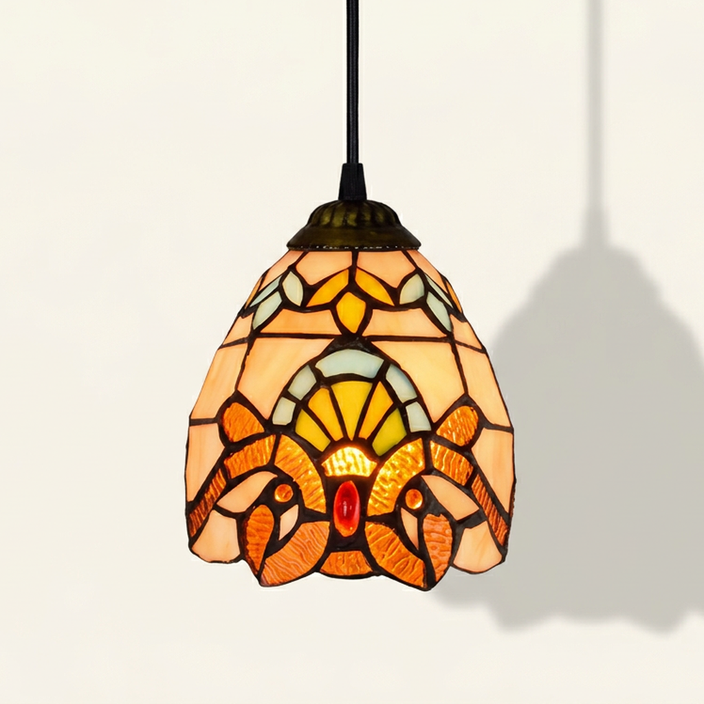 Aurelio, 6 Inch Tiffany-style stained glass pendant light, lit, on a plain ivory studio background