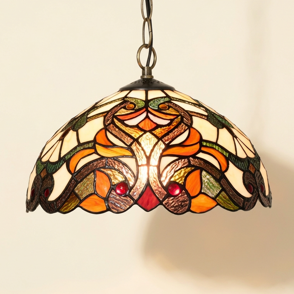 Aurantia, 12 Inch Tiffany-style stained glass pendant light, lit, on a plain ivory studio background