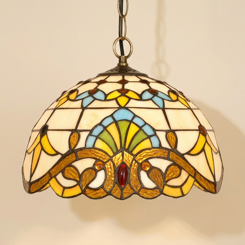 Ornaline, 12 Inch Tiffany-style stained glass pendant light, lit, on a plain ivory studio background