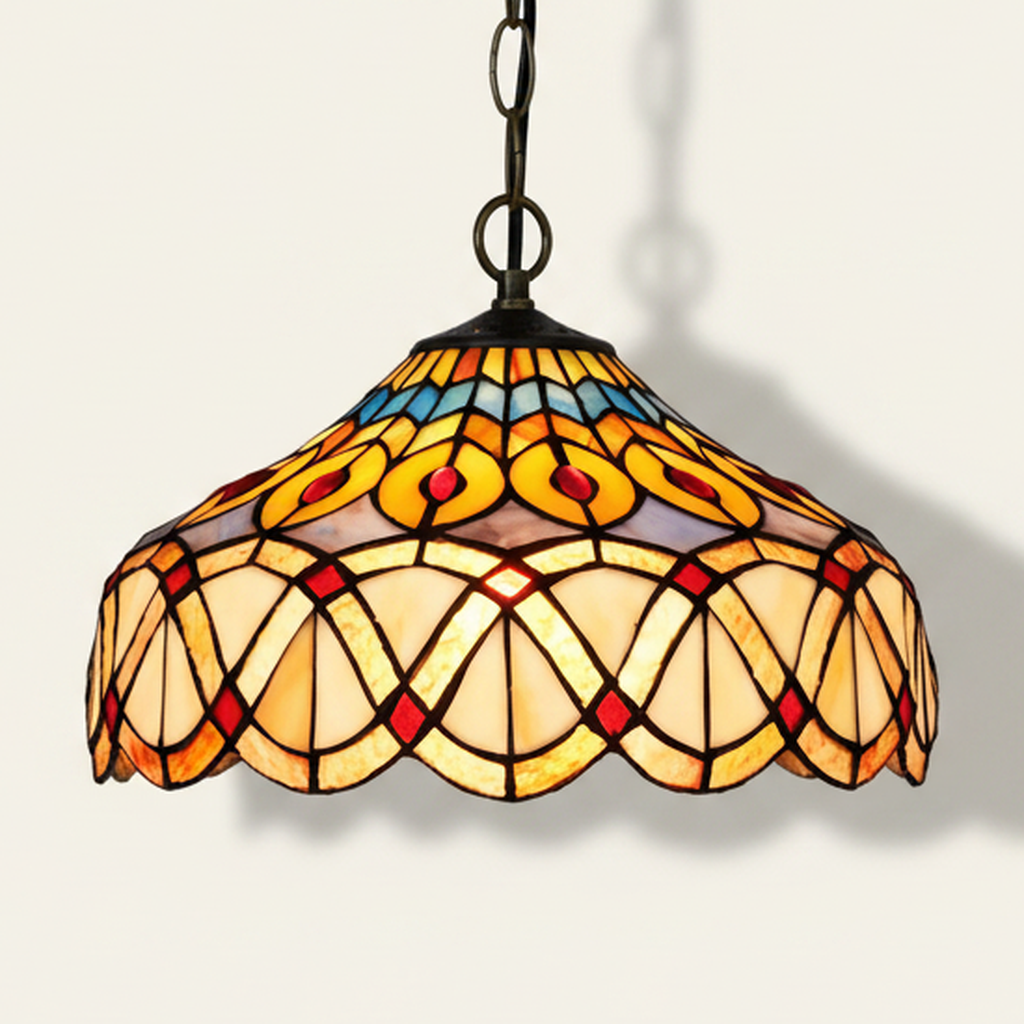 Soleina, 12 Inch Tiffany-style stained glass pendant light, lit, on a plain ivory studio background