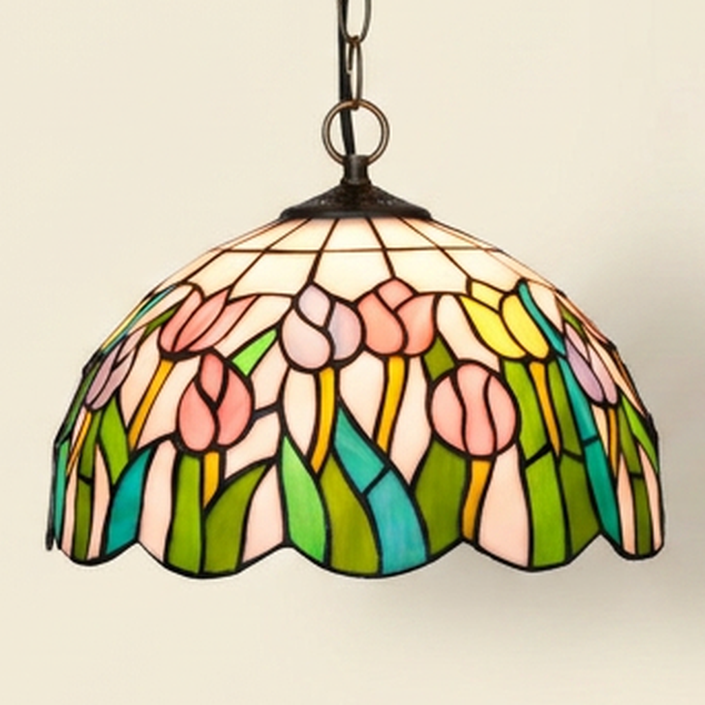 Tullia, 12 Inch Tiffany-style stained glass pendant light, lit, on a plain ivory studio background