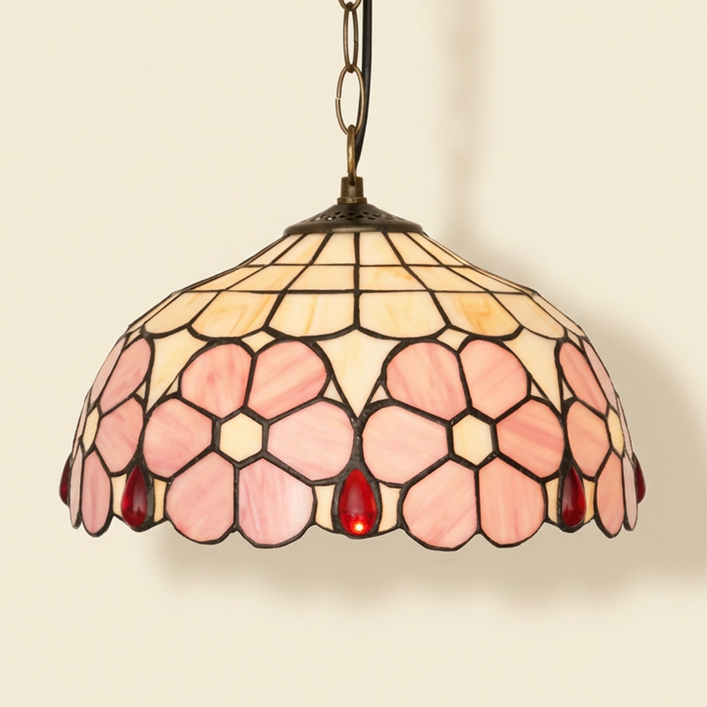 Sakuya, 12 Inch Tiffany-style stained glass pendant light, lit, on a plain ivory studio background