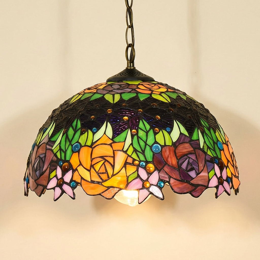Noirvane, 16 Inch Tiffany-style stained glass pendant light, lit, on a plain ivory studio background
