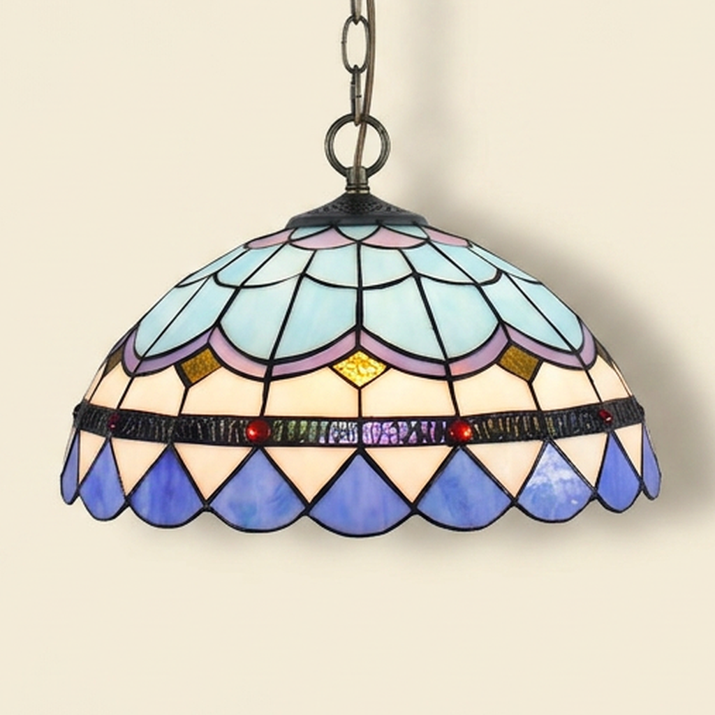 Plumaris, 16 Inch Tiffany-style stained glass pendant light, lit, on a plain ivory studio background