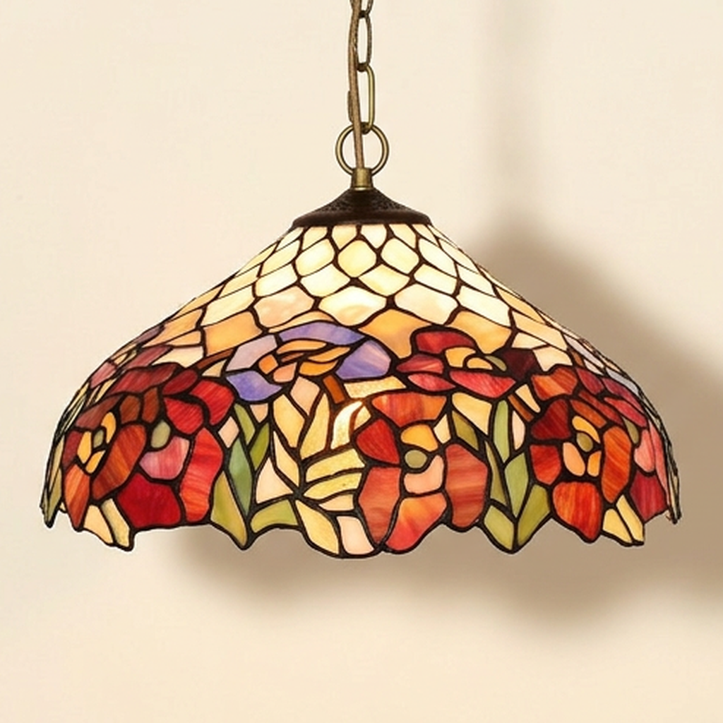 Lotusse, 16 Inch Tiffany-style stained glass pendant light, lit, on a plain ivory studio background