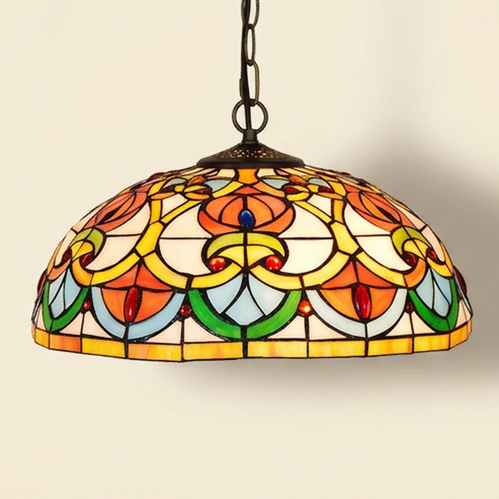 Caridine, 16 Inch Tiffany-style stained glass pendant light, lit, on a plain ivory studio background
