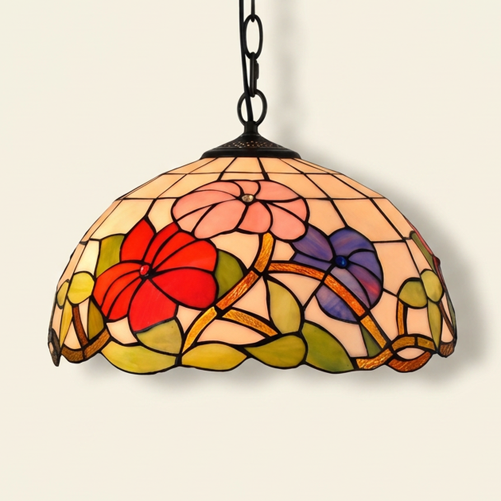 Aurenne, 16 Inch Tiffany-style stained glass pendant light, lit, on a plain ivory studio background