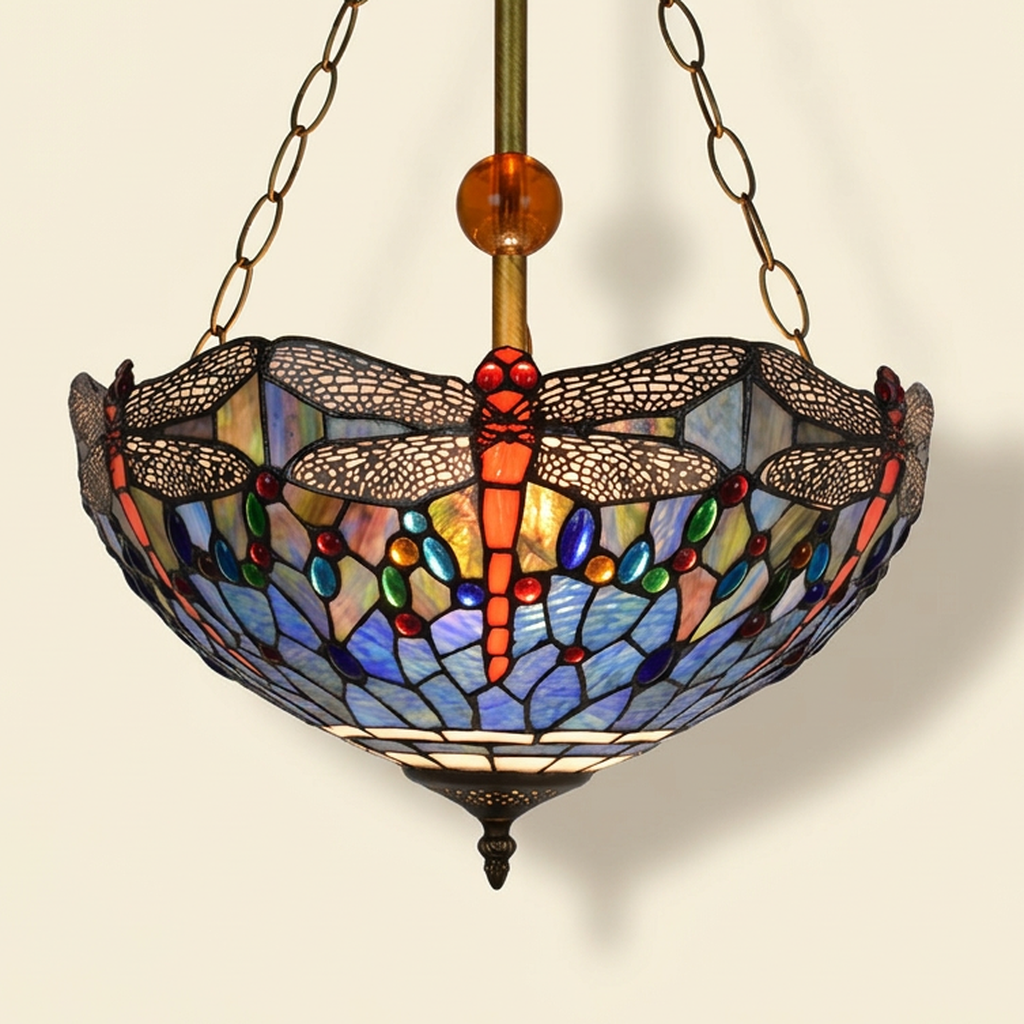 Cinnara, 16 Inch Tiffany-style stained glass pendant light, lit, on a plain ivory studio background