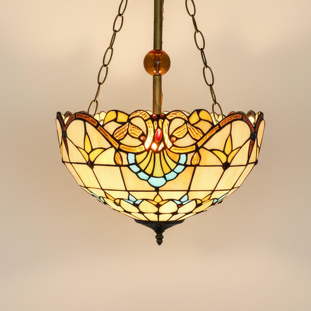 Ornella, 16 Inch Tiffany-style stained glass pendant light, lit, on a plain ivory studio background
