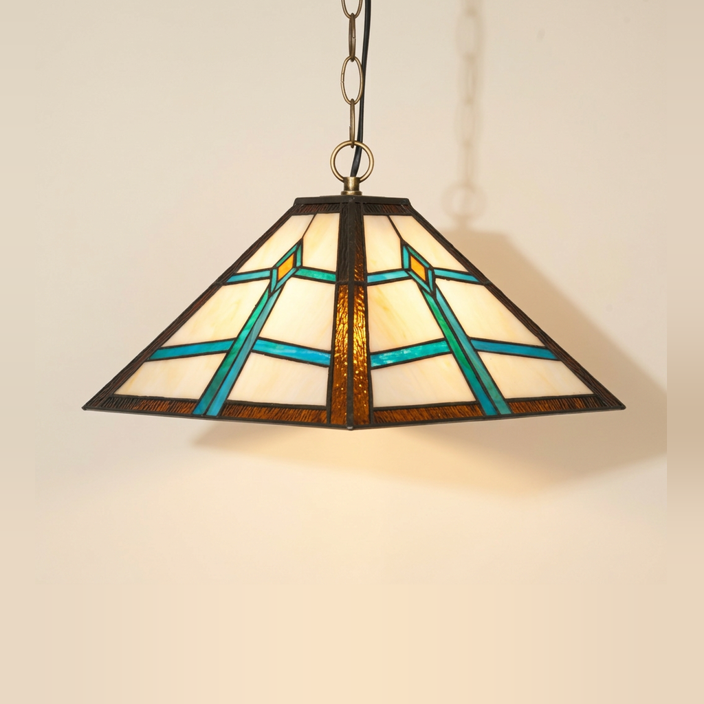 Emerson, 16 Inch - Green Tiffany-style stained glass pendant light, lit, on a plain ivory studio background