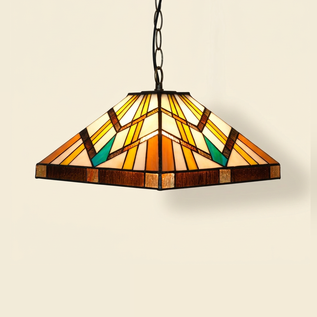 Bluemont, 16 Inch Tiffany-style stained glass pendant light, lit, on a plain ivory studio background