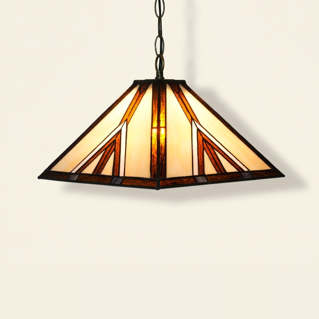 Thornton, 16 Inch Tiffany-style stained glass pendant light, lit, on a plain ivory studio background