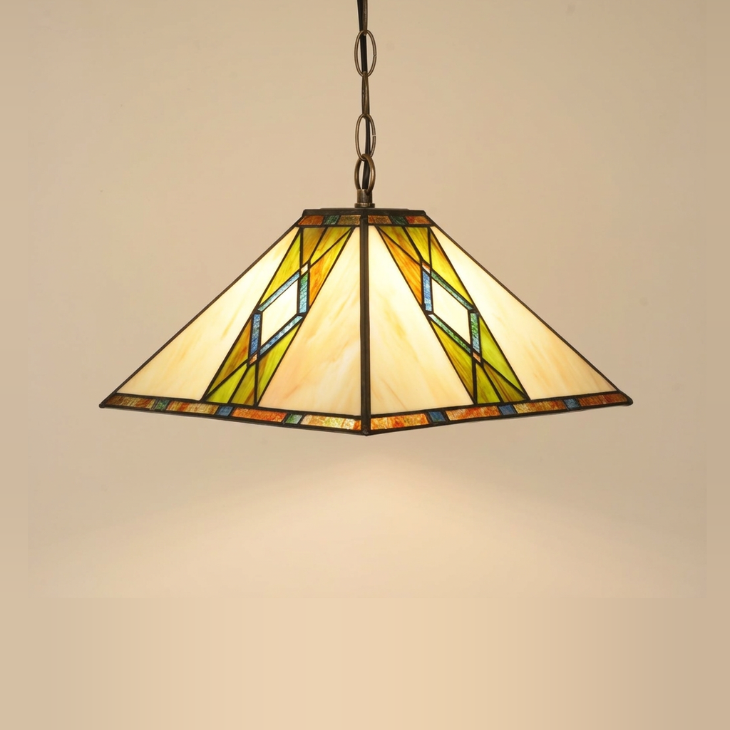 Verdley, 16 Inch Tiffany-style stained glass pendant light, lit, on a plain ivory studio background