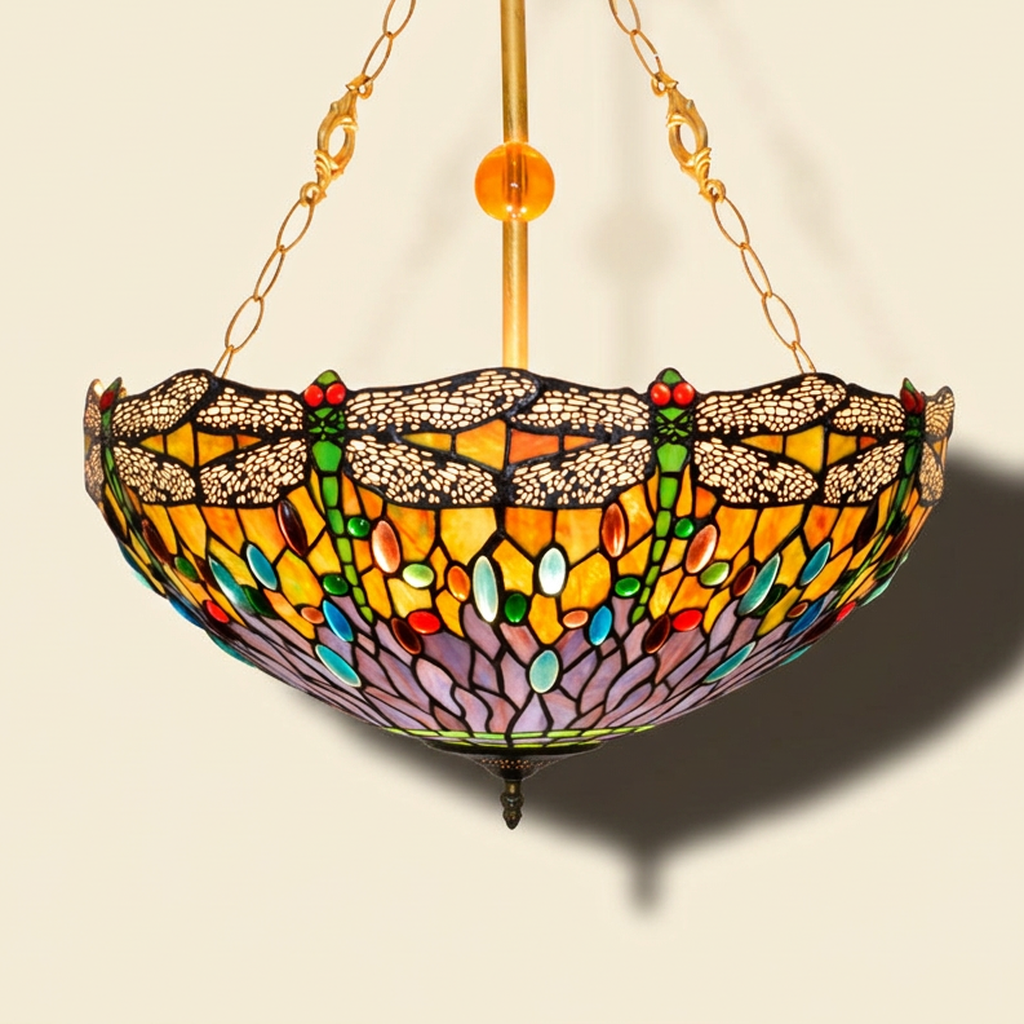 Lumielle, 20 Inch Tiffany-style stained glass pendant light, lit, on a plain ivory studio background