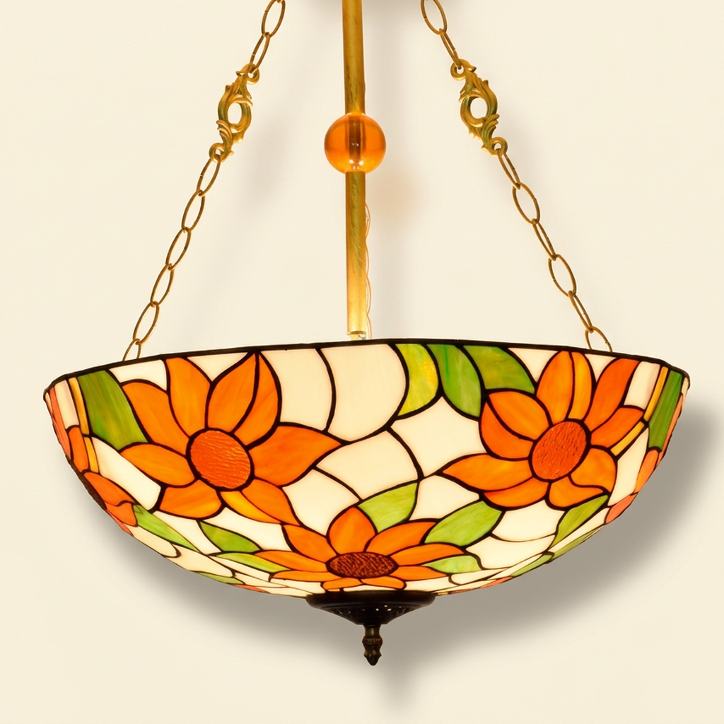 Heliose, 20-24 Inch - 20 Inches Tiffany-style stained glass pendant light, lit, on a plain ivory studio background