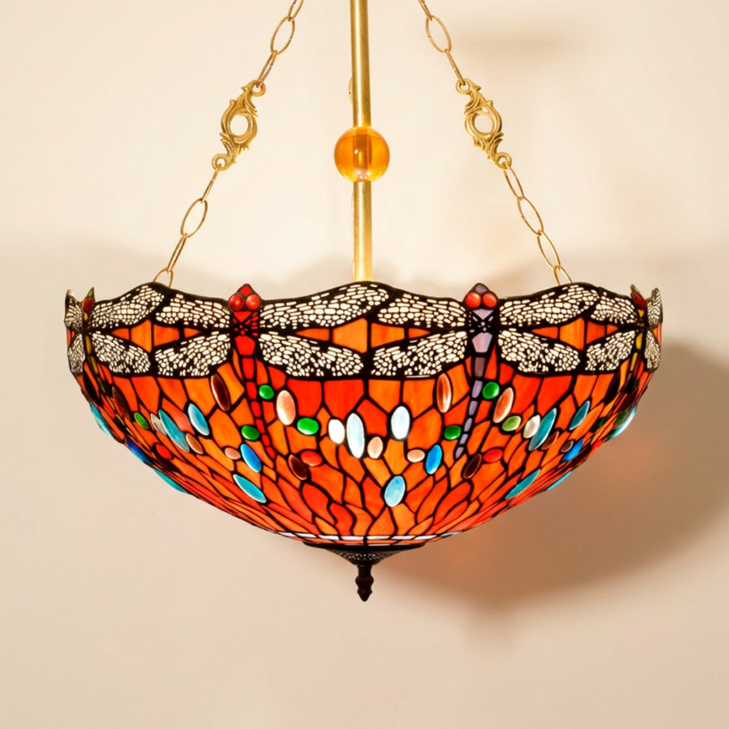 Cinnabar, 20 Inch Tiffany-style stained glass pendant light, lit, on a plain ivory studio background