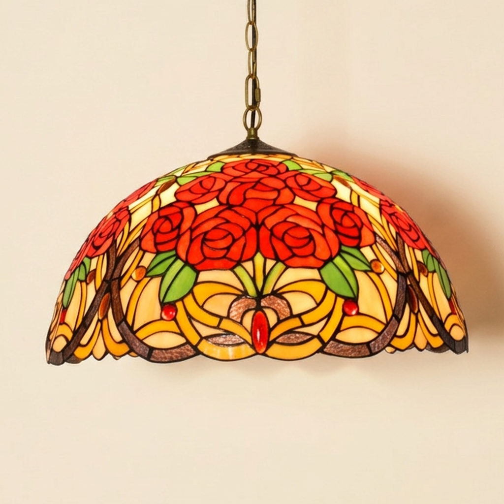 Fiorella, 20 Inch Tiffany-style stained glass pendant light, lit, on a plain ivory studio background