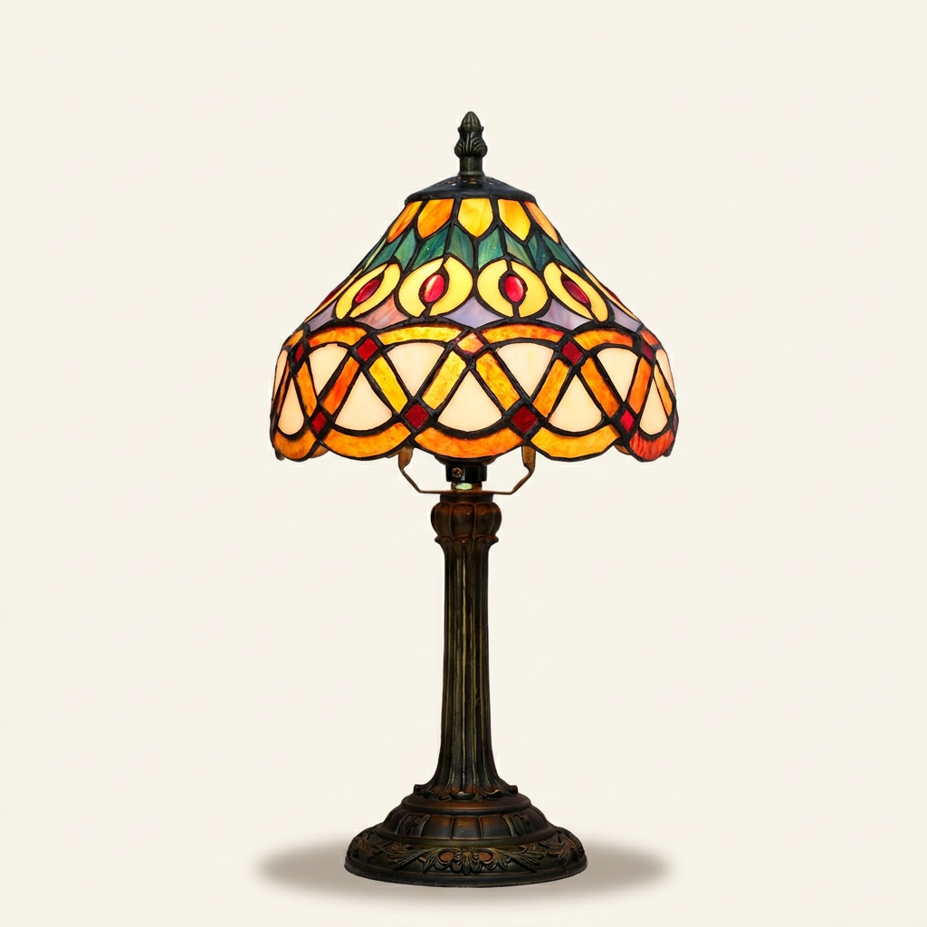 Aurelle 8 Inch Tiffany-style stained glass table lamp, lit, on a plain ivory studio background