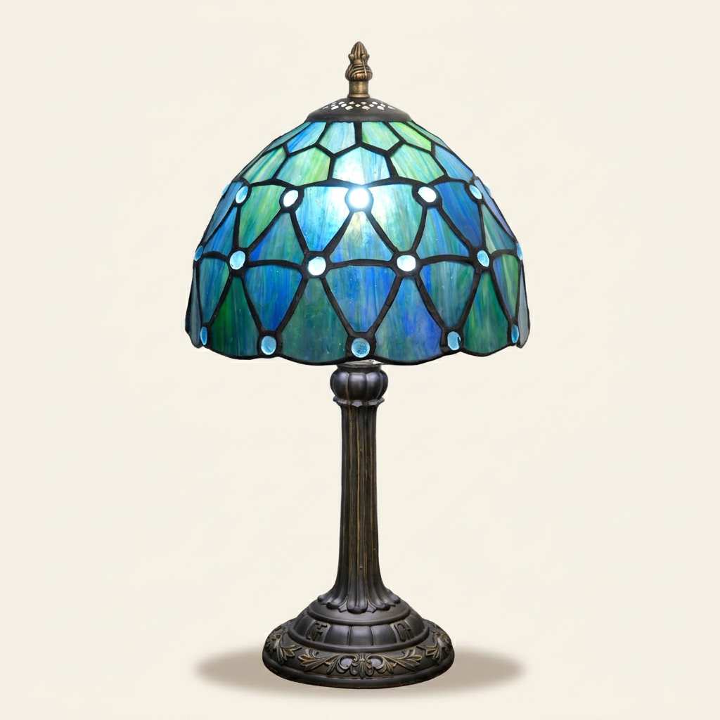 Mirabel 8 Inch Tiffany-style stained glass table lamp, lit, on a plain ivory studio background