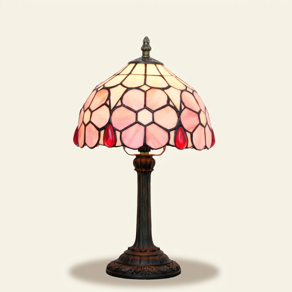 Amaya 8 Inch Tiffany-style stained glass table lamp, lit, on a plain ivory studio background