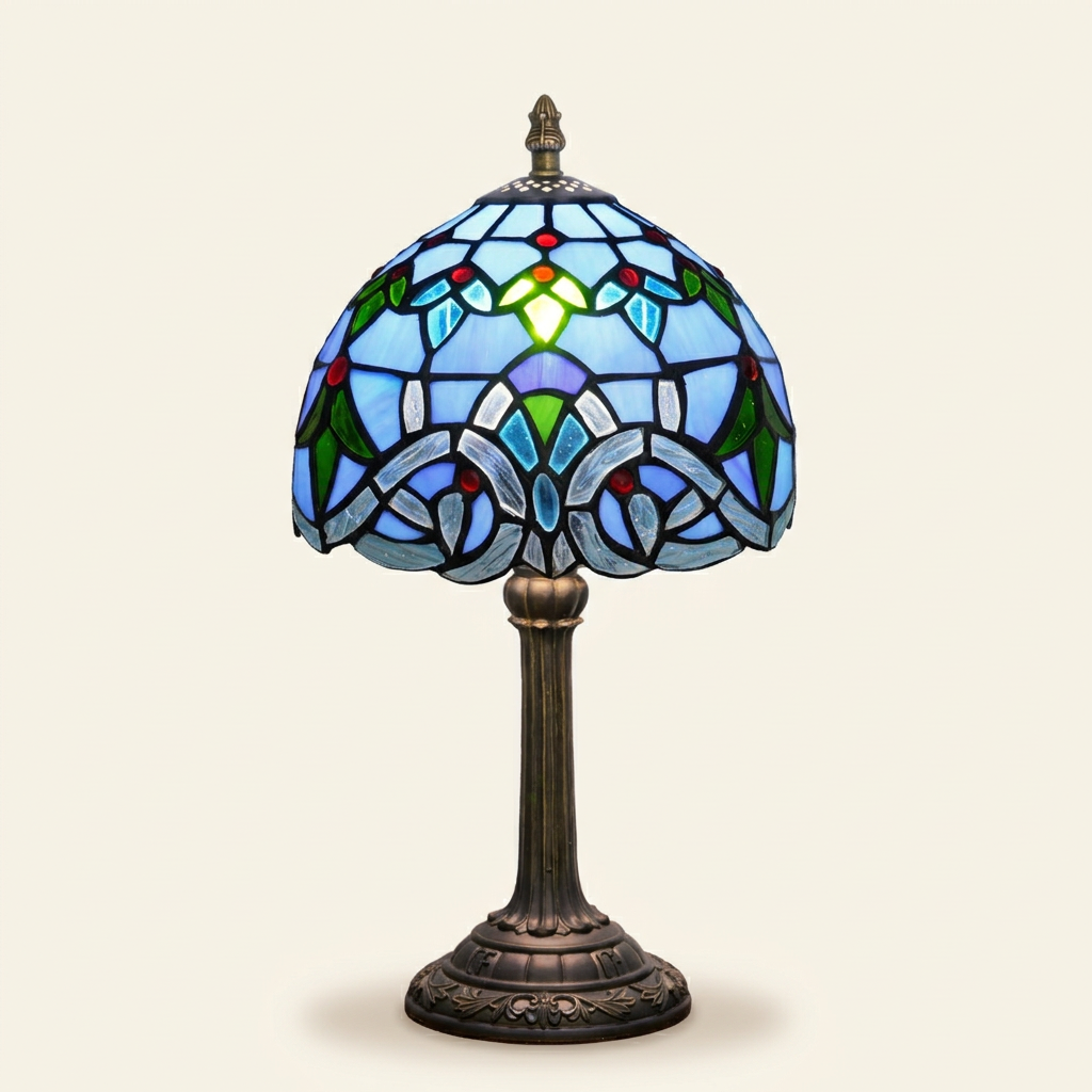 Devereux 8 Inch Tiffany-style stained glass table lamp, lit, on a plain ivory studio background