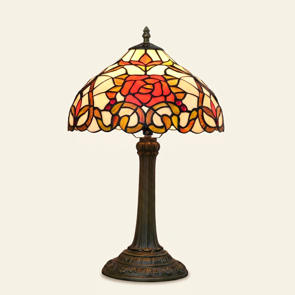 Rubelle 12 Inch Tiffany-style stained glass table lamp, lit, on a plain ivory studio background