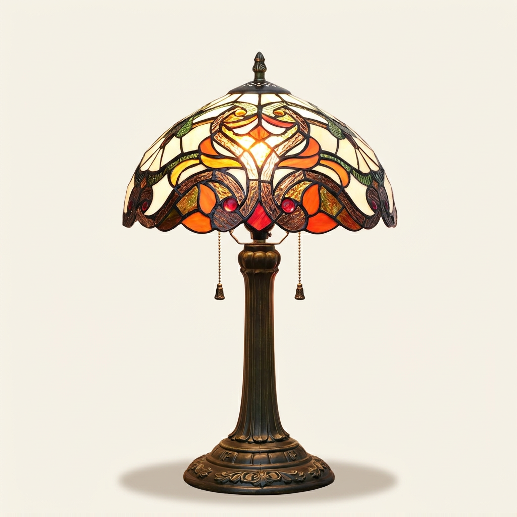 Valmont 12 Inch Tiffany-style stained glass table lamp, Straight Pole base, lit, on a plain ivory studio background