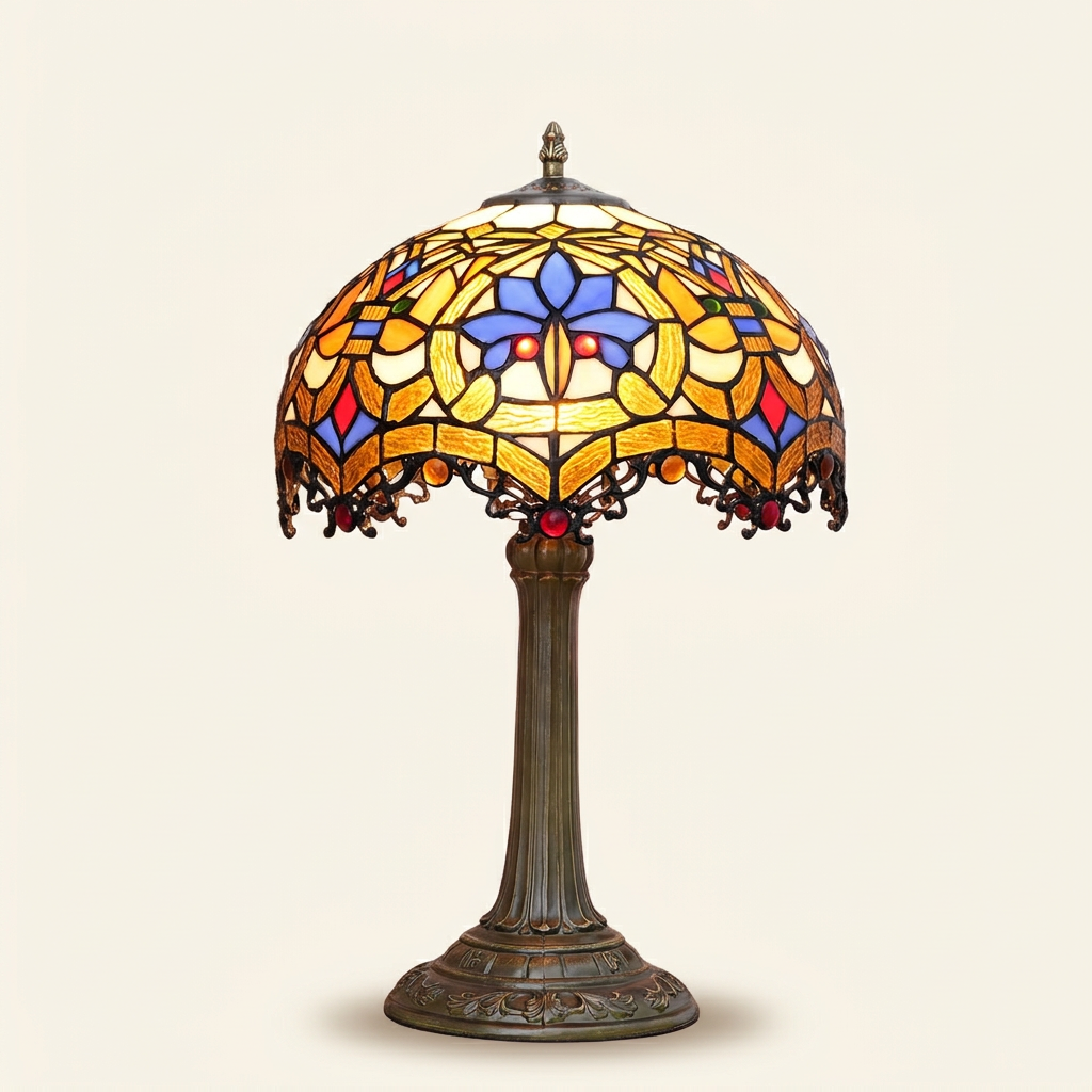 Seraphel 12 Inch Tiffany-style stained glass table lamp, Straight Pole base, lit, on a plain ivory studio background
