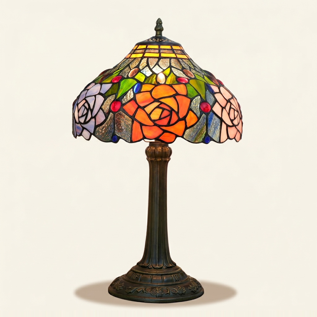 Willowbrook 12 Inch Tiffany-style stained glass table lamp, lit, on a plain ivory studio background