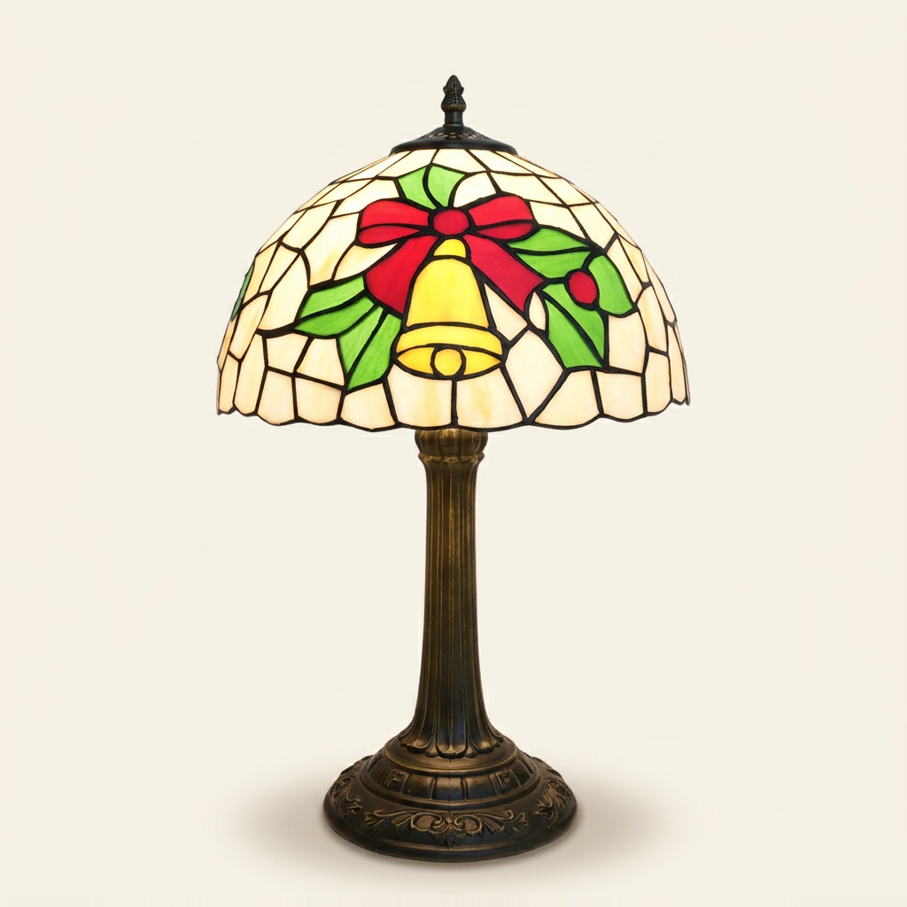 Carilla 12 Inch Tiffany-style stained glass table lamp, lit, on a plain ivory studio background
