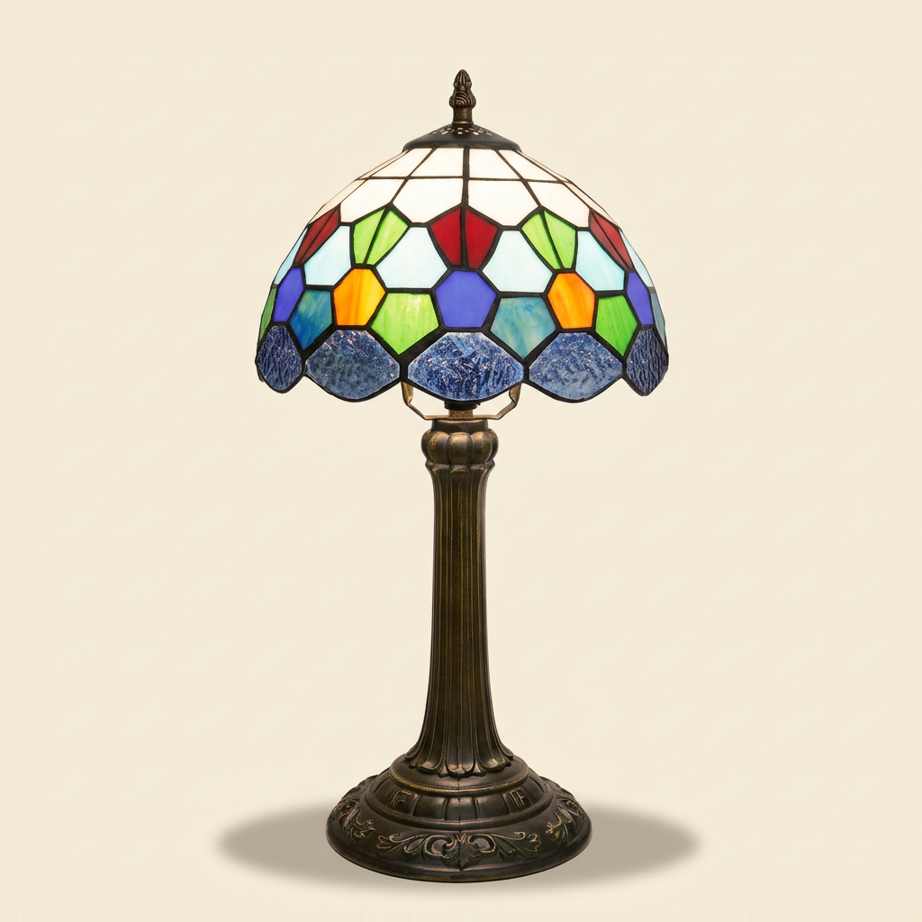 Marquise 10 Inch Tiffany-style stained glass table lamp, lit, on a plain ivory studio background