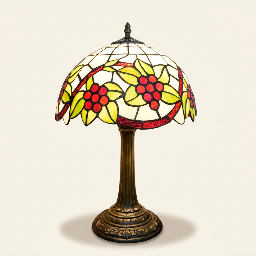 Vignola 12 Inch Tiffany-style stained glass table lamp, lit, on a plain ivory studio background