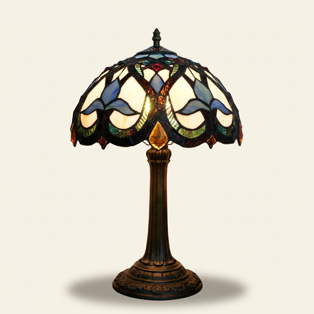 Irisae 12 Inch Tiffany-style stained glass table lamp, lit, on a plain ivory studio background