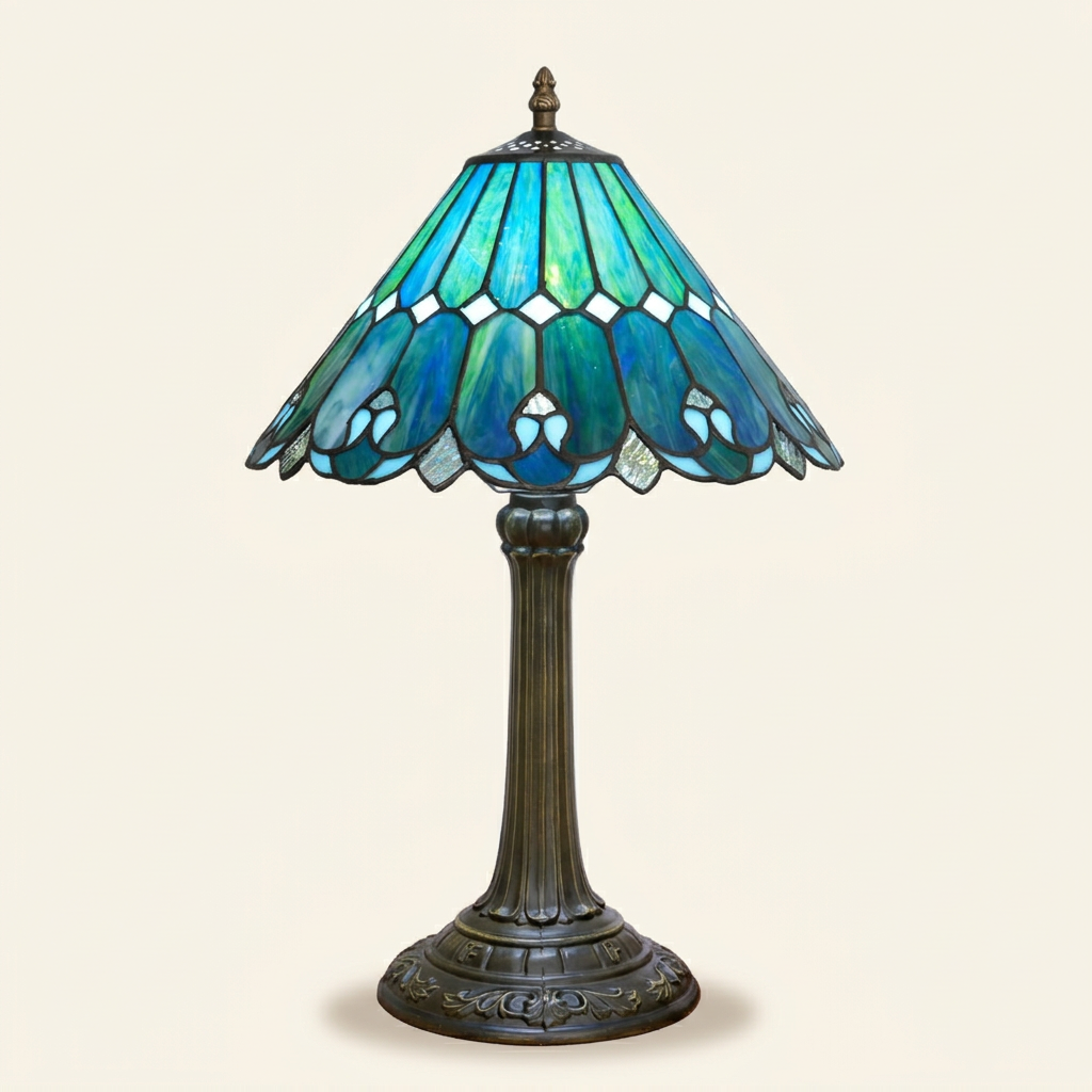 Marivelle 12 Inch Tiffany-style stained glass table lamp, lit, on a plain ivory studio background