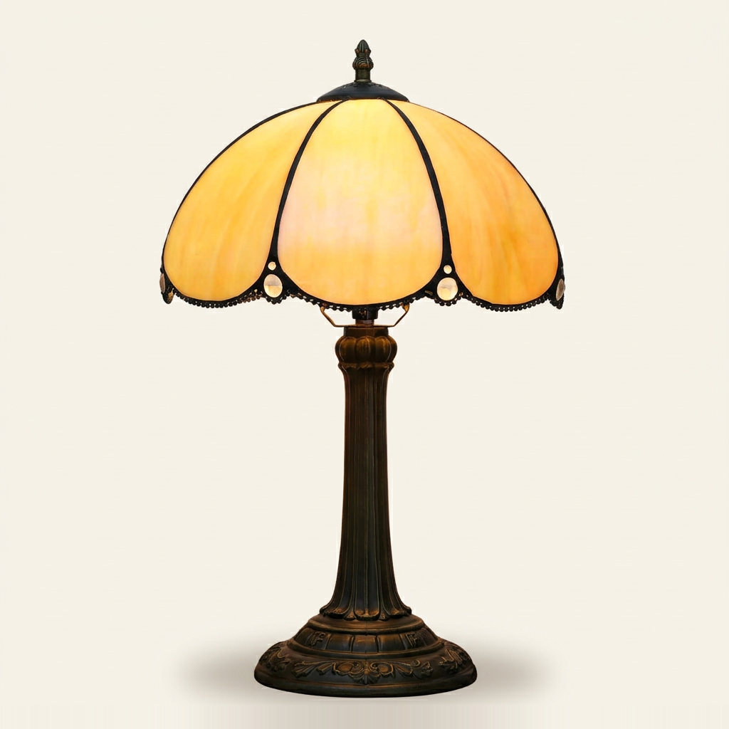 Sienne 12 Inch Tiffany-style stained glass table lamp, Straight Pole base, lit, on a plain ivory studio background