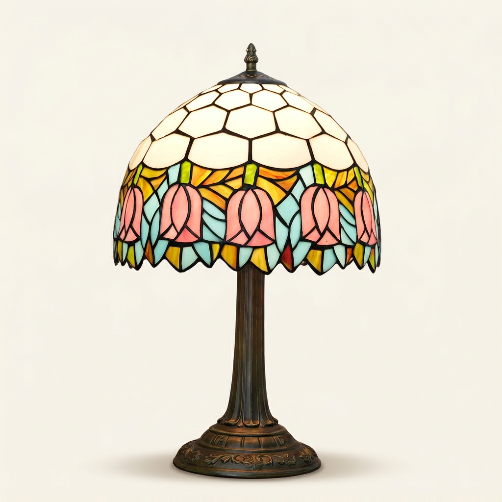 Tulippa 12 Inch Tiffany-style stained glass table lamp, Straight Pole base, lit, on a plain ivory studio background