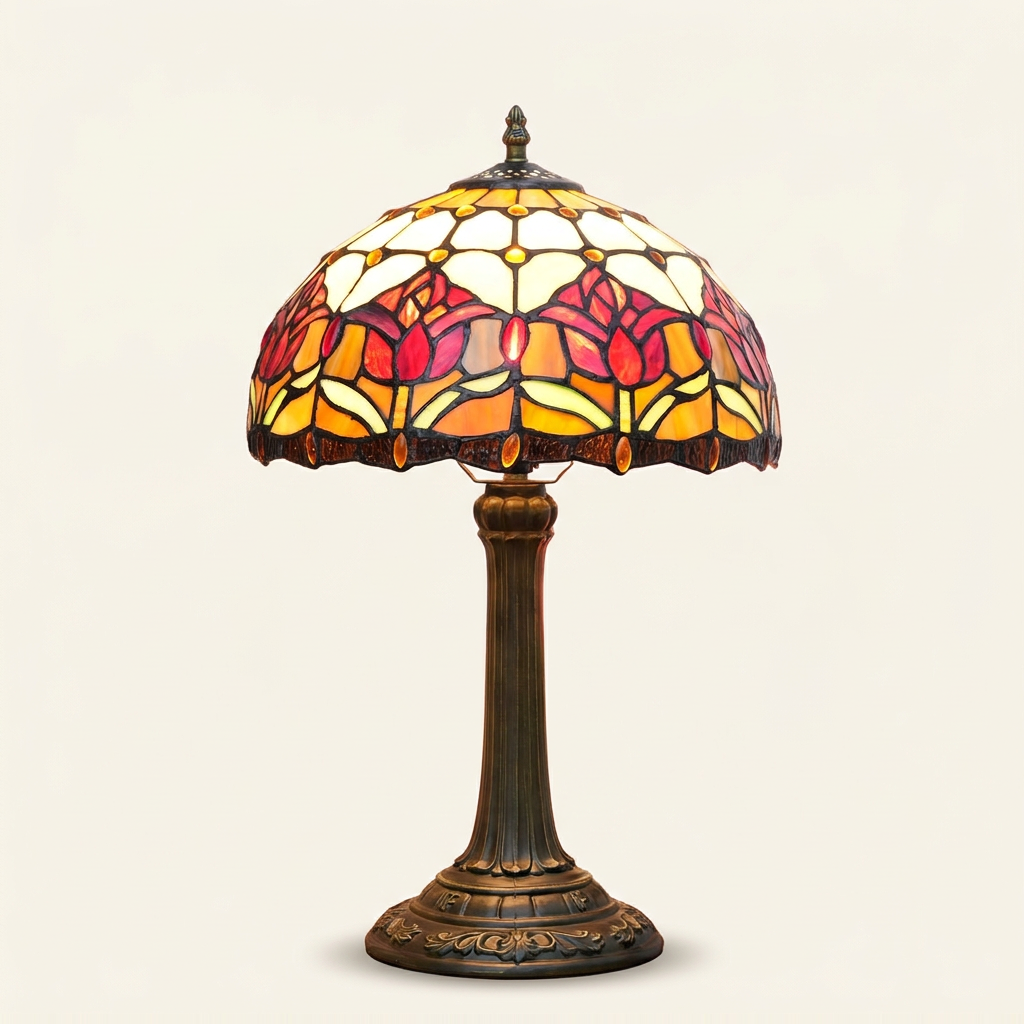 Tulira 12 Inch Tiffany-style stained glass table lamp, Straight Pole base, lit, on a plain ivory studio background