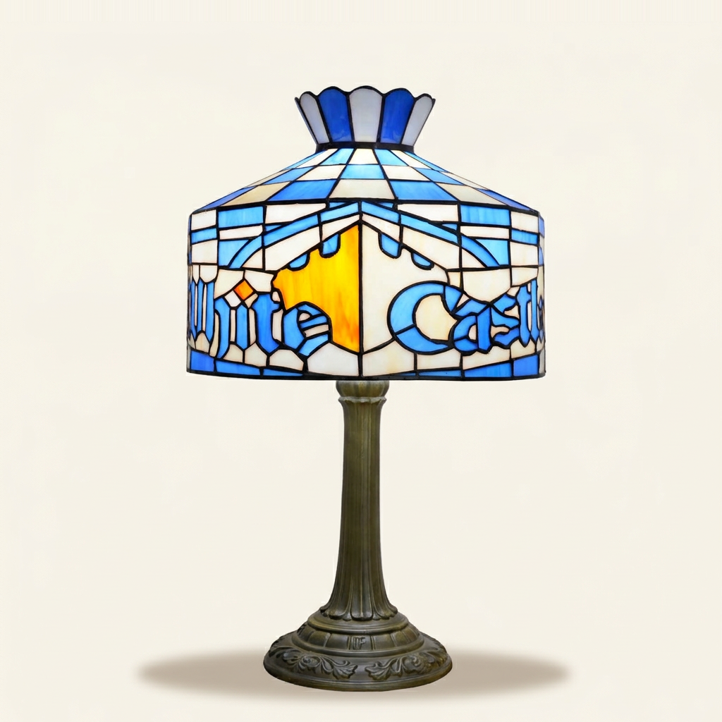 Castellan 12 Inch Tiffany-style stained glass table lamp, lit, on a plain ivory studio background