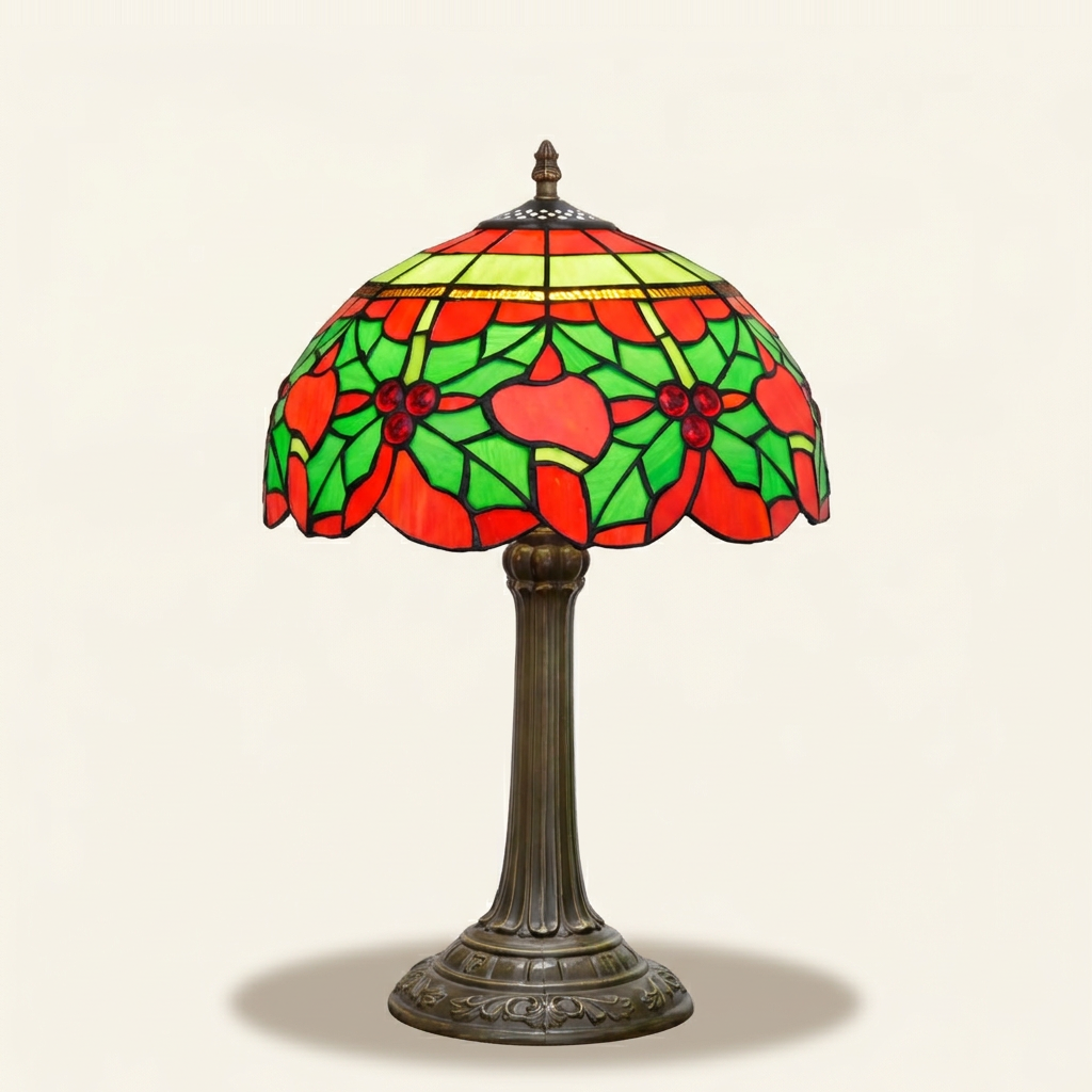 Yulette 12 Inch Tiffany-style stained glass table lamp, lit, on a plain ivory studio background