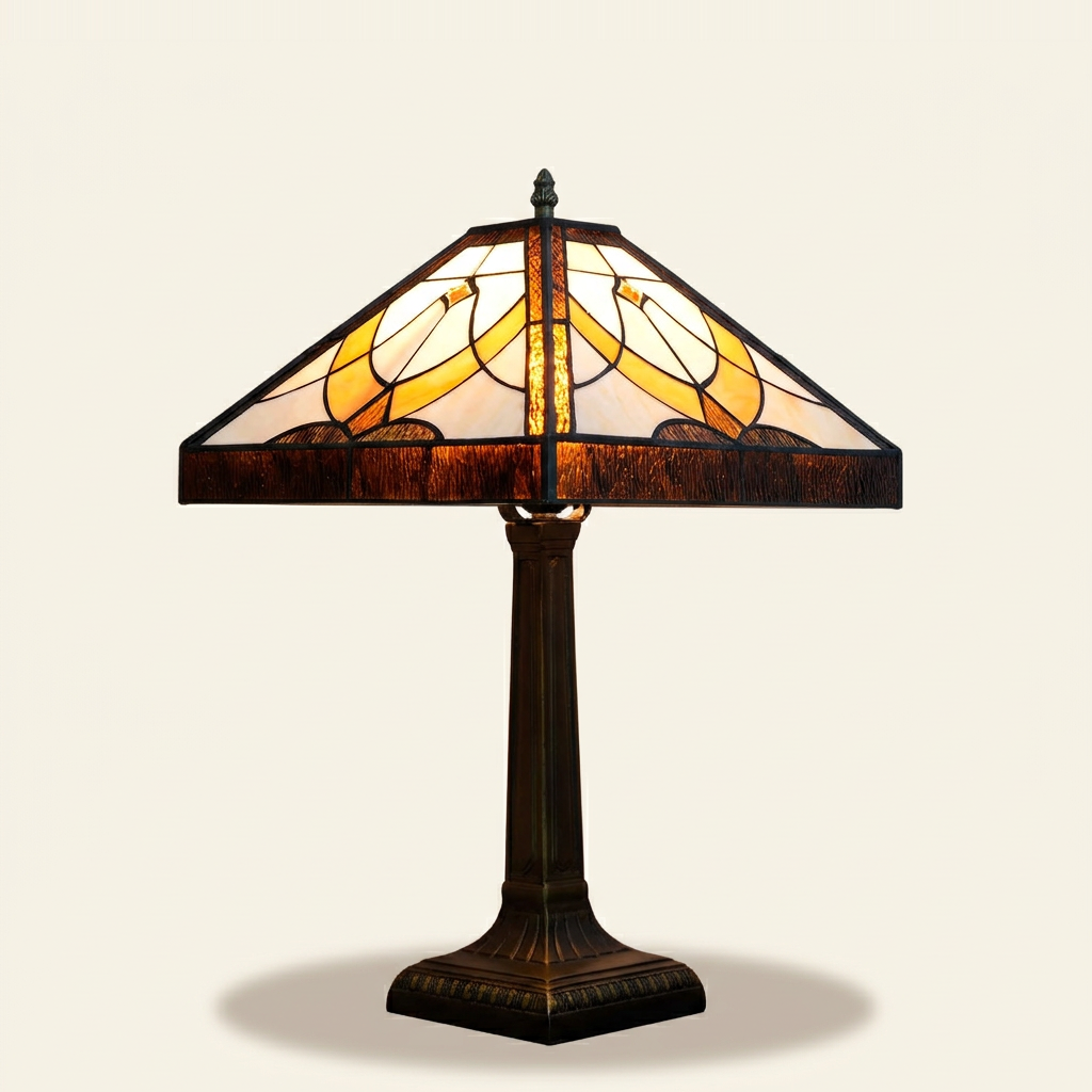 Halyard 16 Inch Tiffany-style stained glass table lamp, lit, on a plain ivory studio background