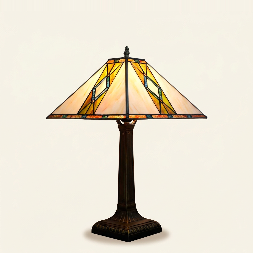 Verdon 16 Inch Tiffany-style stained glass table lamp, lit, on a plain ivory studio background