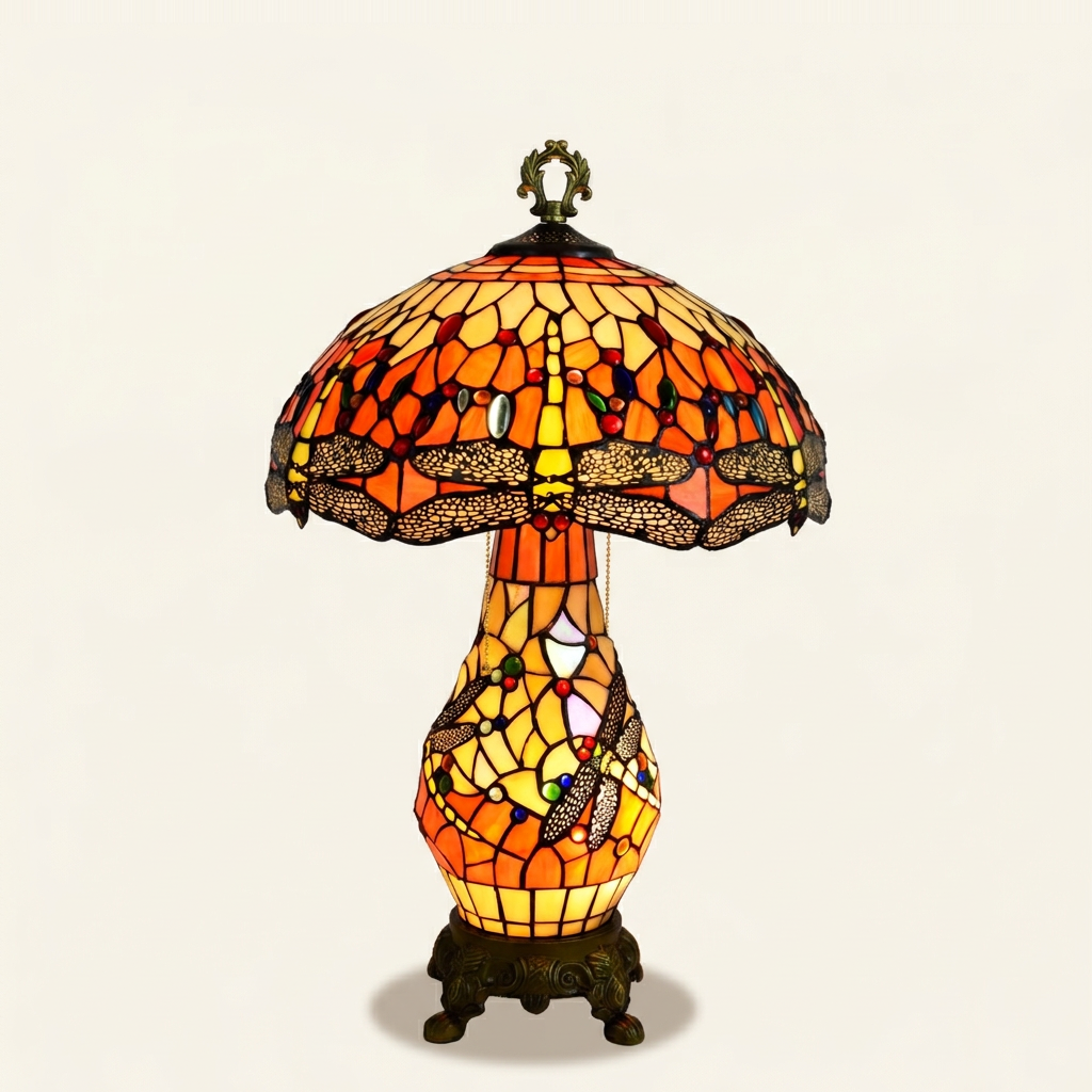 Sundrift 16 Inch Tiffany-style stained glass table lamp, lit, on a plain ivory studio background