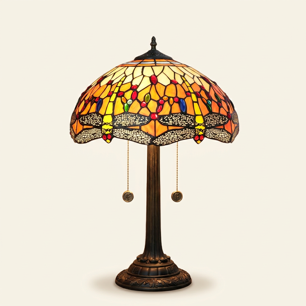 Aurelis 16 Inch Tiffany-style stained glass table lamp, lit, on a plain ivory studio background