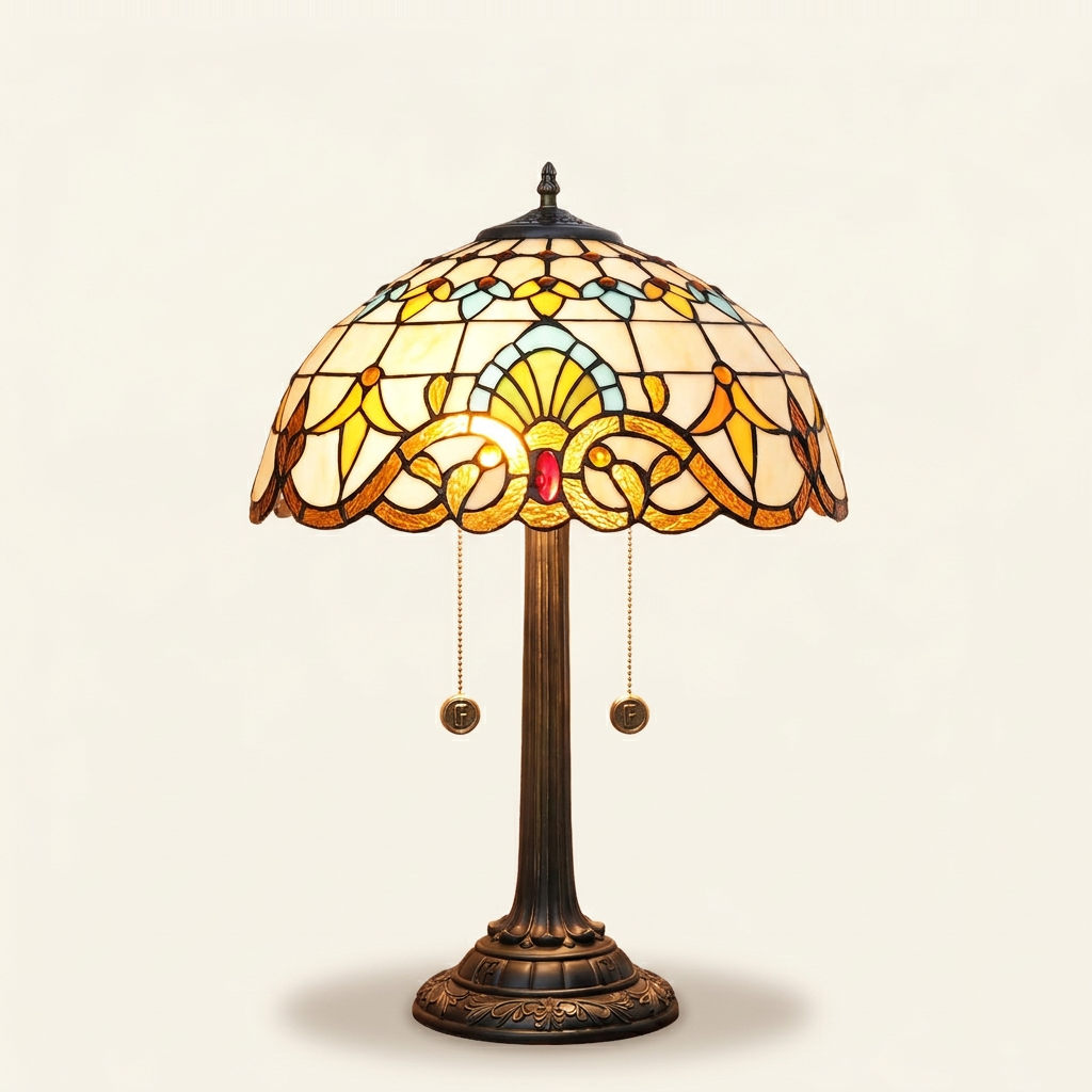 Aldreth 16 Inch Tiffany-style stained glass table lamp, Straight Pole base, lit, on a plain ivory studio background