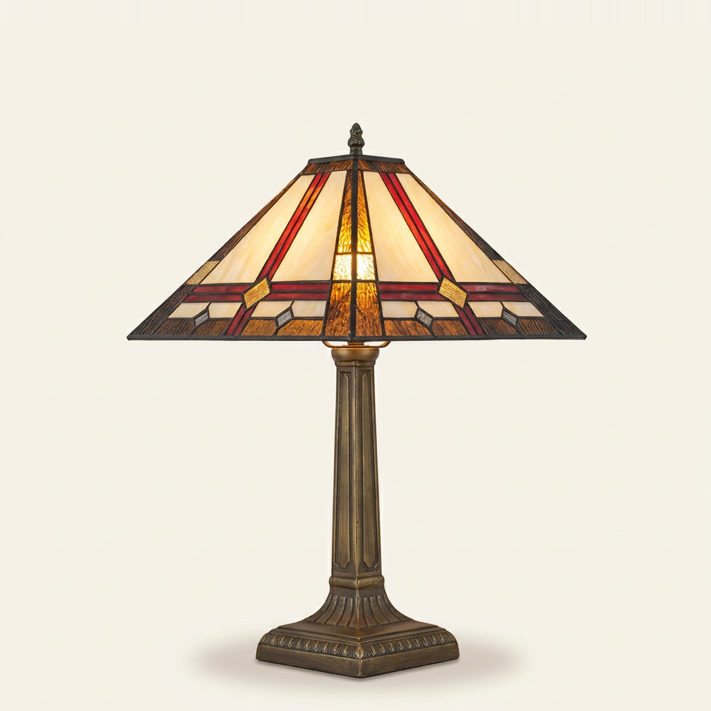 Sterling 16 Inch Tiffany-style stained glass table lamp, lit, on a plain ivory studio background