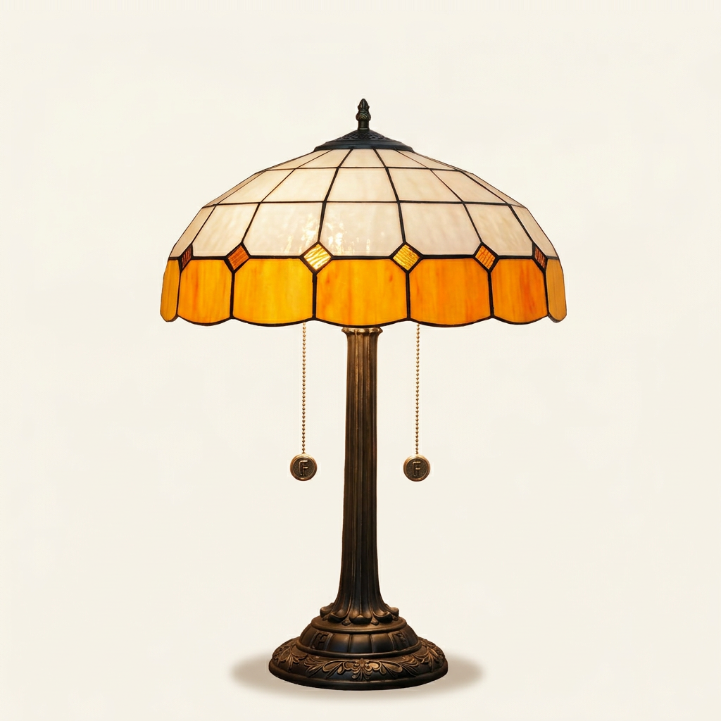 Glenna 16 Inch Tiffany-style stained glass table lamp, lit, on a plain ivory studio background