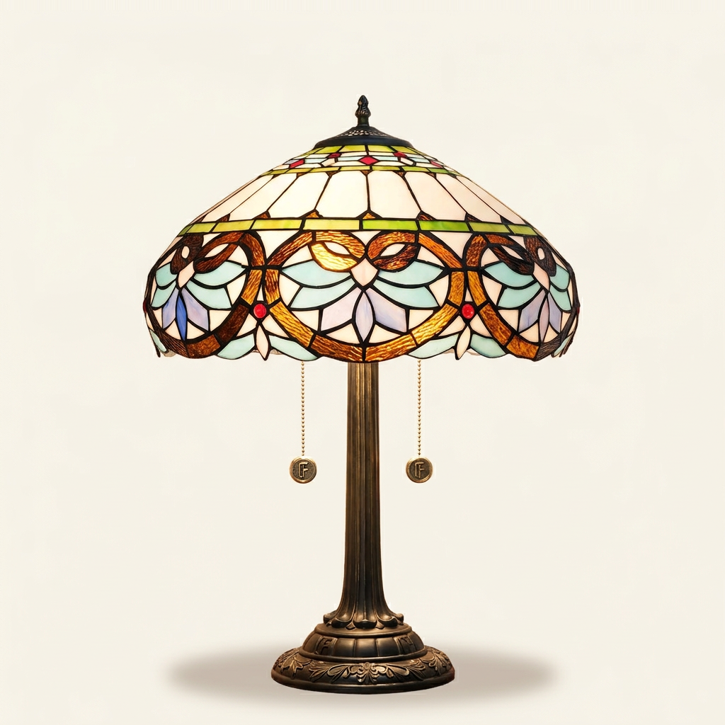 Cuore 16 Inch Tiffany-style stained glass table lamp, Straight Pole base, lit, on a plain ivory studio background
