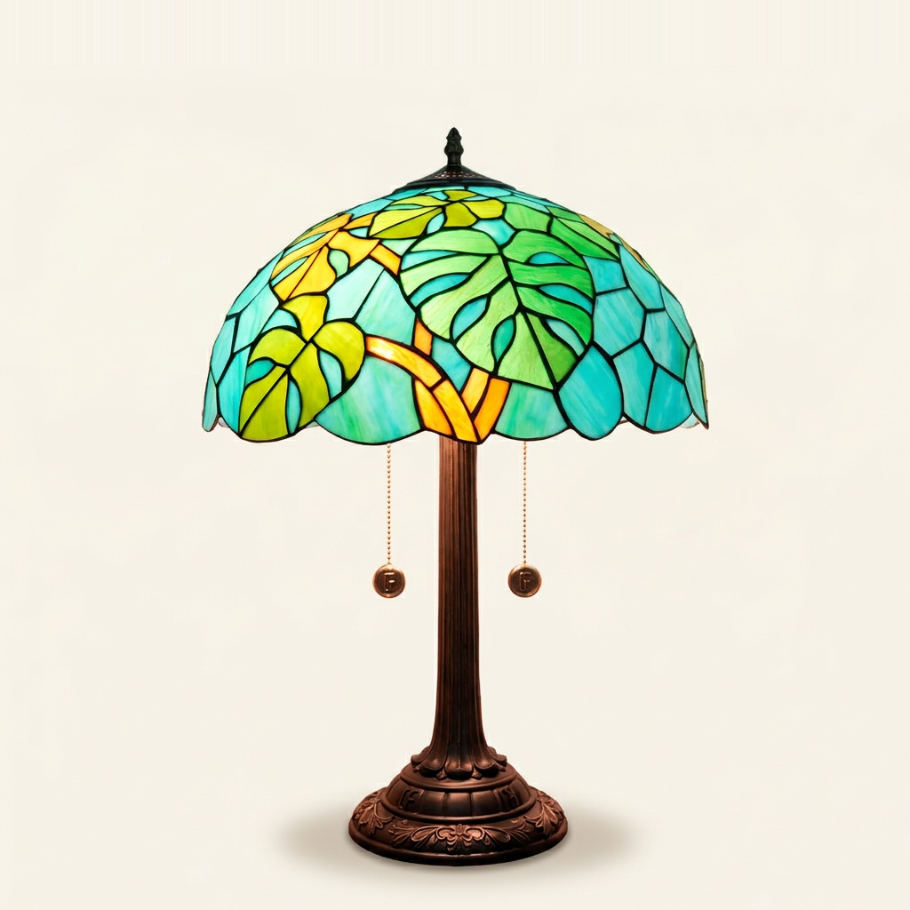 Delicia 16 Inch Tiffany-style stained glass table lamp, lit, on a plain ivory studio background