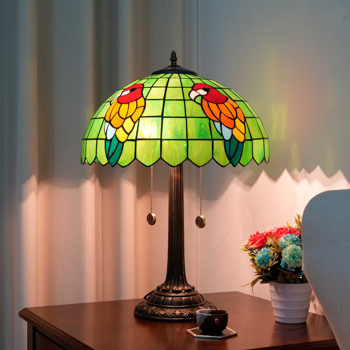 Green Parrot - Of Chain Table Lamp - lit lifestyle